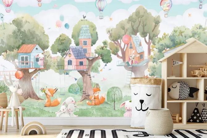 Fototapeta: Domki na drzewach i zwierzątka