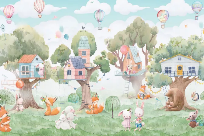 Fototapeta: Domki na drzewach i zwierzątka