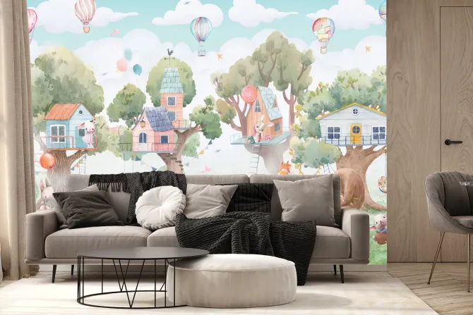 Fototapeta: Domki na drzewach i zwierzątka