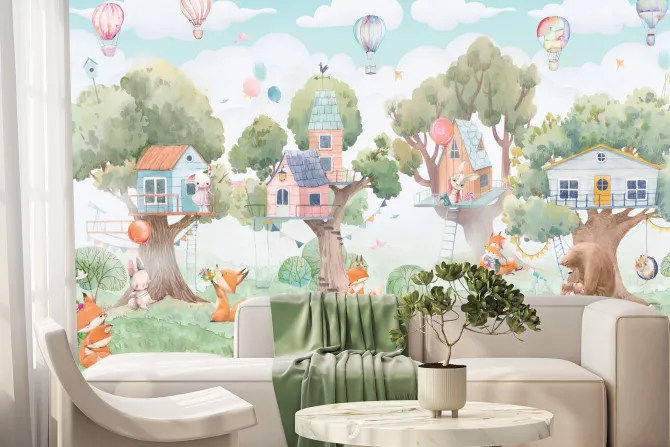 Fototapeta: Domki na drzewach i zwierzątka