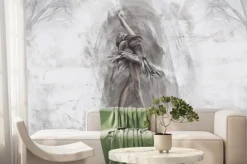 Fototapeta: Drawn ballerina in gothic columns on a textured background, photo