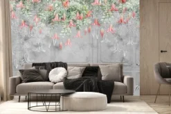 Fototapeta: Drawn tropical, exotic flowers on the concrete gray wall. floral