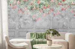 Fototapeta: Drawn tropical, exotic flowers on the concrete gray wall. floral