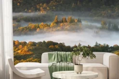 Fototapeta: Dreamy panoramic misty landscape with trees poking our of foggy