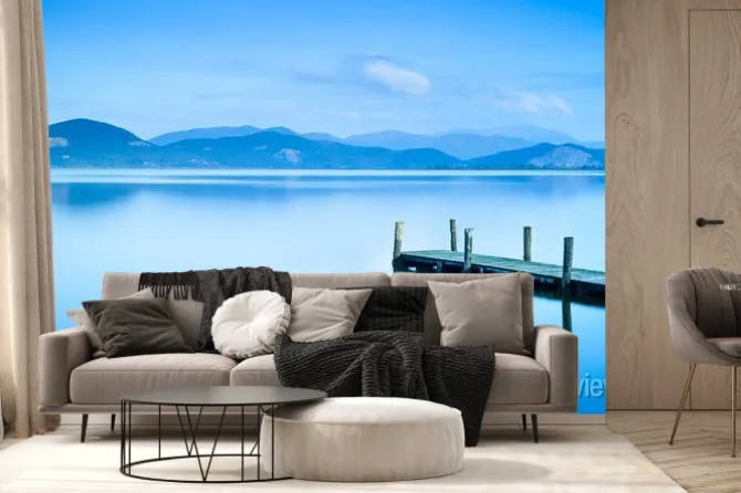 Fototapeta: Drewniane molo lub na pomost i jezioro zachód słońca i błękitne