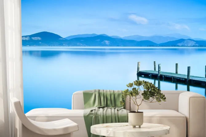 Fototapeta: Drewniane molo lub na pomost i jezioro zachód słońca i błękitne