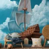Fototapeta: Drewniany statek z białymi żaglami na morzu