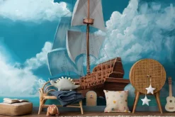 Fototapeta: Drewniany statek z białymi żaglami na morzu