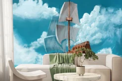 Fototapeta: Drewniany statek z białymi żaglami na morzu