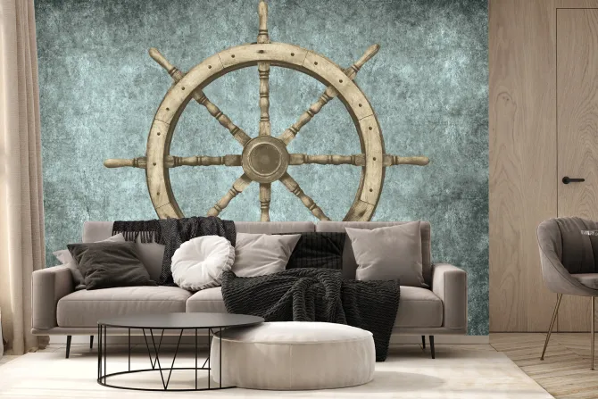 Fototapeta: Drewniany ster statku na betonowym tle