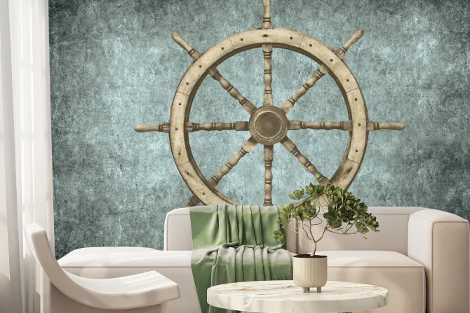 Fototapeta: Drewniany ster statku na betonowym tle