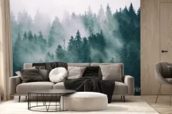 Fototapeta: Drzewa iglaste we mgle las we mgle