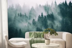 Fototapeta: Drzewa iglaste we mgle las we mgle