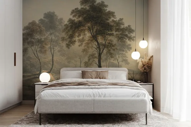 Fototapeta: Drzewa liściaste wśród rzeki i zwierząt