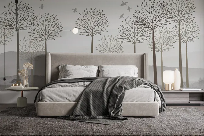 Fototapeta: Drzewa nad rzeką na tle gór