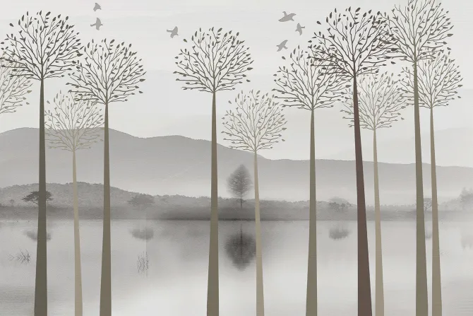 Fototapeta: Drzewa nad rzeką na tle gór