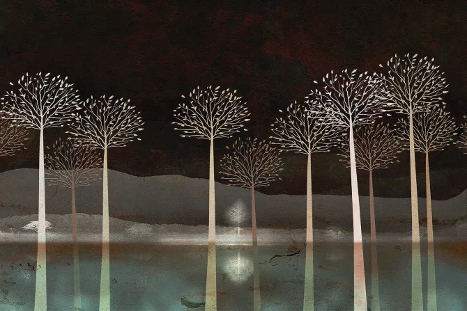 Fototapeta: Drzewa nad rzeką na tle gór