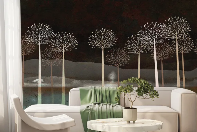 Fototapeta: Drzewa nad rzeką na tle gór