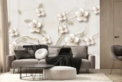 Fototapeta: Drzewo 3d z białymi kwiatami na tle marmuru