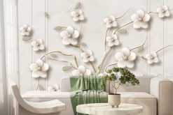 Fototapeta: Drzewo 3d z białymi kwiatami na tle marmuru