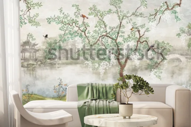 Fototapeta: Drzewo i ptaki w ogrodzie japońskim