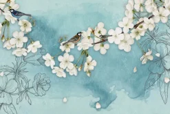 Fototapeta: Drzewo wiśni na tle rysowanych kwiatów