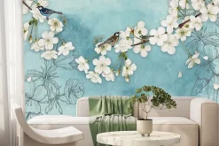 Fototapeta: Drzewo wiśni na tle rysowanych kwiatów