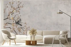 Fototapeta: Drzewo wiśni z ptakami na betonowej ścianie