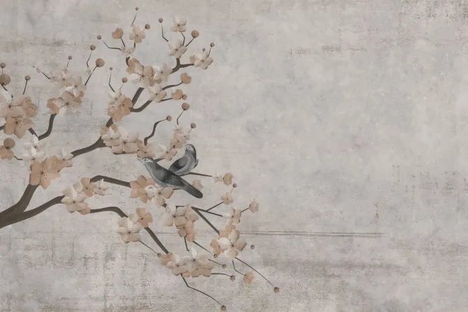Fototapeta: Drzewo wiśni z ptakami na betonowej ścianie