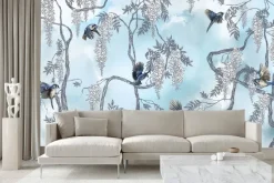 Fototapeta: Drzewo z kwiatami i ptakami na tle nieba