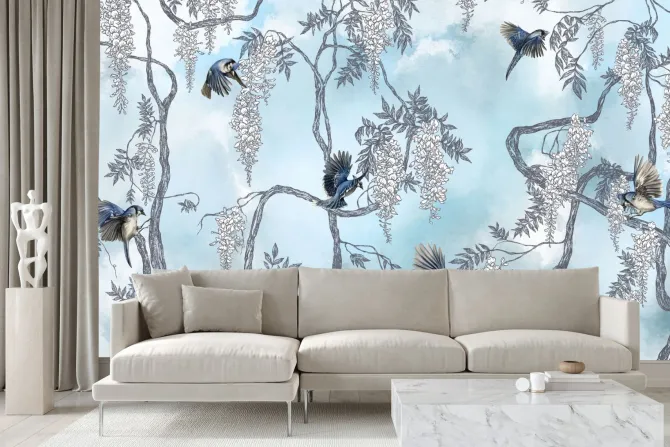 Fototapeta: Drzewo z kwiatami i ptakami na tle nieba