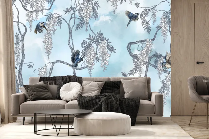 Fototapeta: Drzewo z kwiatami i ptakami na tle nieba