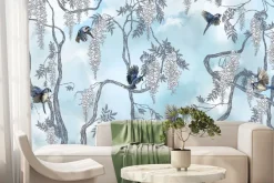 Fototapeta: Drzewo z kwiatami i ptakami na tle nieba