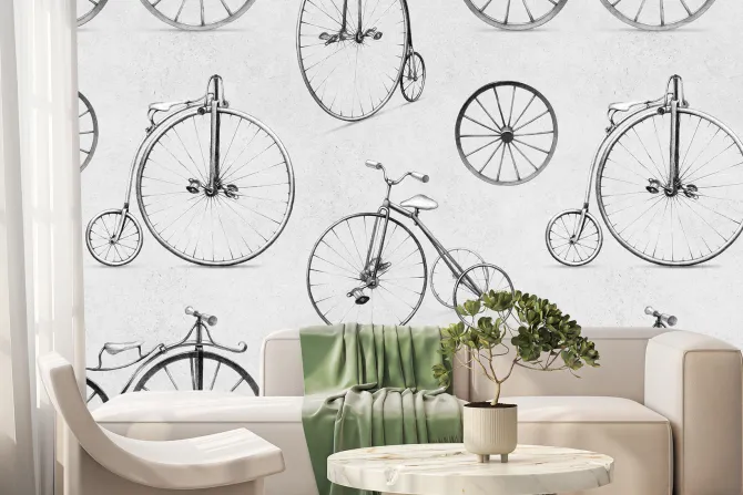 Fototapeta: Duże koła retro rowerów w szarości