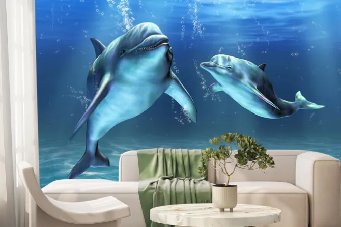 Fototapeta: Dwa delfiny pływające w błękitnej wodzie