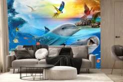 Fototapeta: Dwa delfiny żółw i papugi