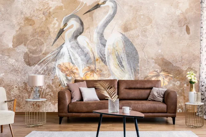 Fototapeta: Dwie białe czaple wśród kwiatów na beżowym tle