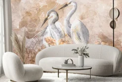 Fototapeta: Dwie białe czaple wśród kwiatów na beżowym tle
