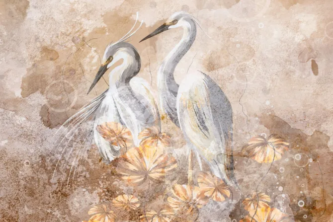 Fototapeta: Dwie białe czaple wśród kwiatów na beżowym tle