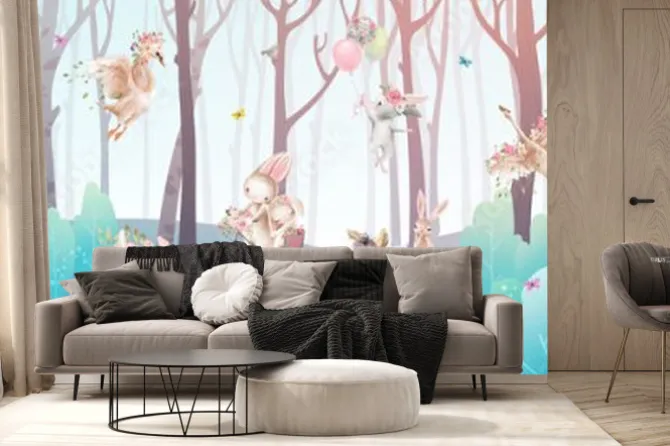 Fototapeta: Dziecięca ilustracja z leśnymi zwierzętami