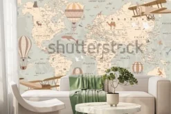 Fototapeta: Dziecięca mapa świata z balonami i samolotami vintage