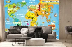 Fototapeta: Dziecięca mapa świata z kontynentami i zwierzętami