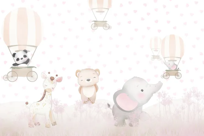 Fototapeta: Dziecięcy wzór z balonami różowymi kwiatami i zwierzątkami