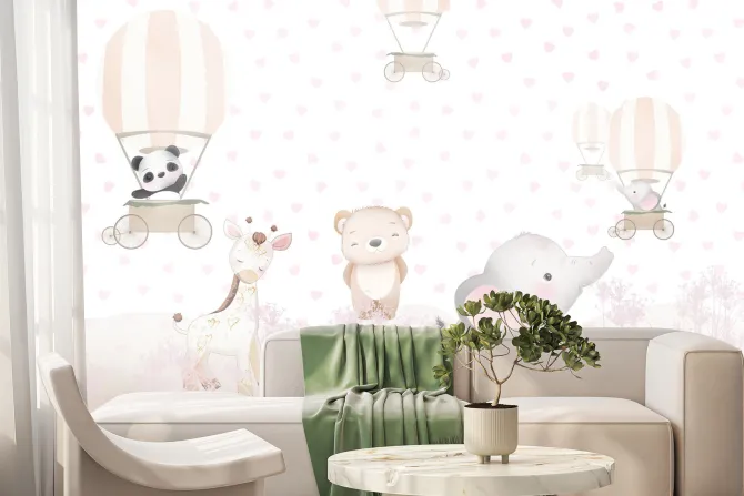 Fototapeta: Dziecięcy wzór z balonami różowymi kwiatami i zwierzątkami