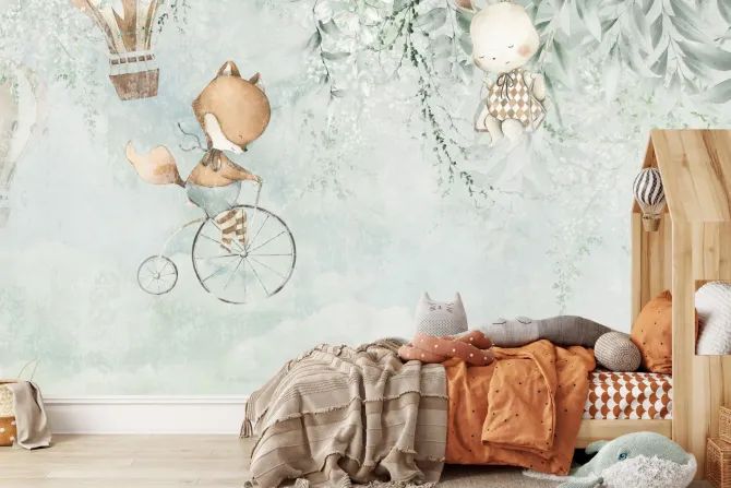 Fototapeta: Dziecięcy wzór zwierzątka i balony w stylu akwareli