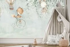 Fototapeta: Dziecięcy wzór zwierzątka i balony w stylu akwareli