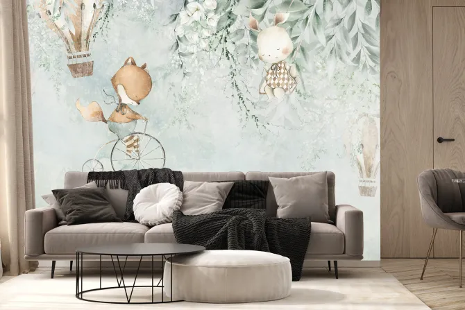 Fototapeta: Dziecięcy wzór zwierzątka i balony w stylu akwareli