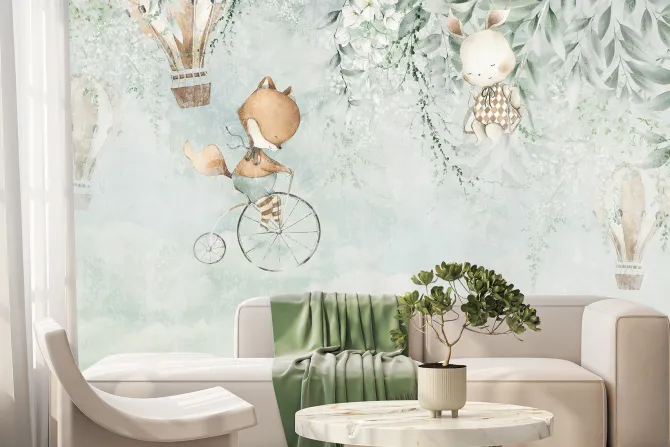 Fototapeta: Dziecięcy wzór zwierzątka i balony w stylu akwareli