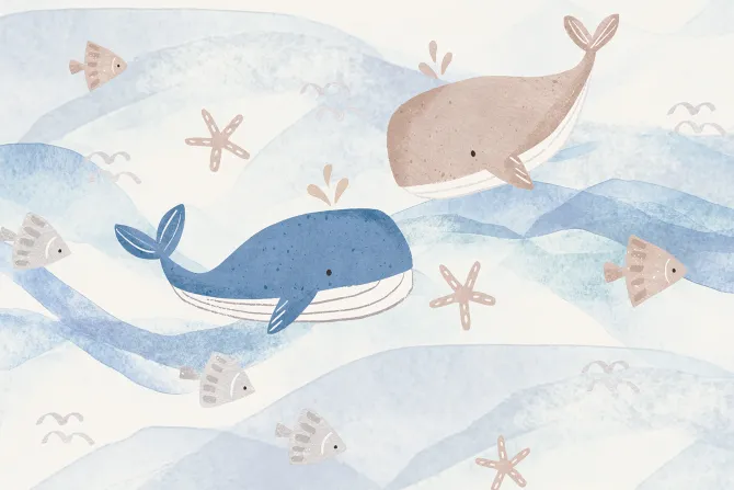 Fototapeta: Dziecięcy wzór z wielorybami i rybkami w morskiej scenerii akwarela