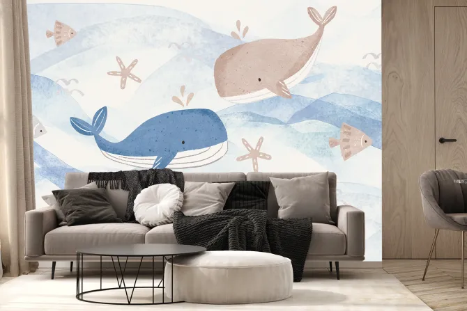 Fototapeta: Dziecięcy wzór z wielorybami i rybkami w morskiej scenerii akwarela